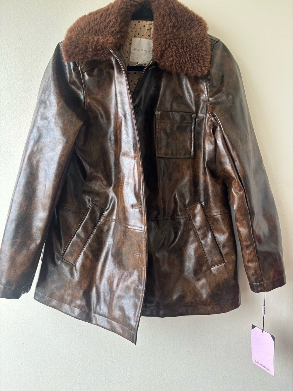 Avec Les Filles Brown Leather Military-Style Jacket with Shearling Collar